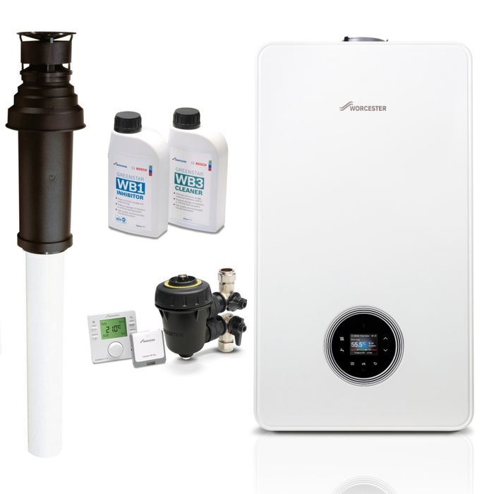 Worcester Bosch 4000 30kW Combi Boiler Pack, Vertical Flue and Comfort+ II RF System Care Pack