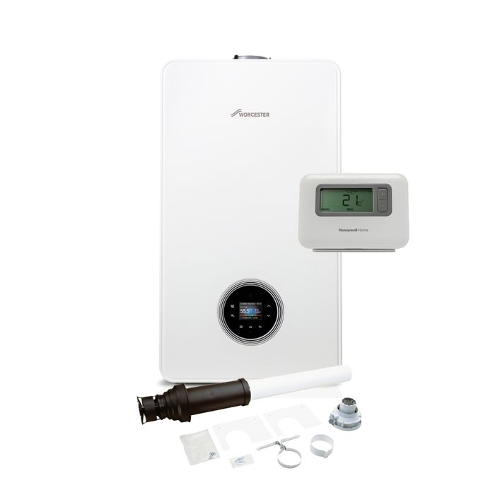 Worcester Bosch Greenstar 4000 25kW Combi Boiler Pack with Vertical Flue and Honeywell Home Wireless Programmable T3R Thermostat