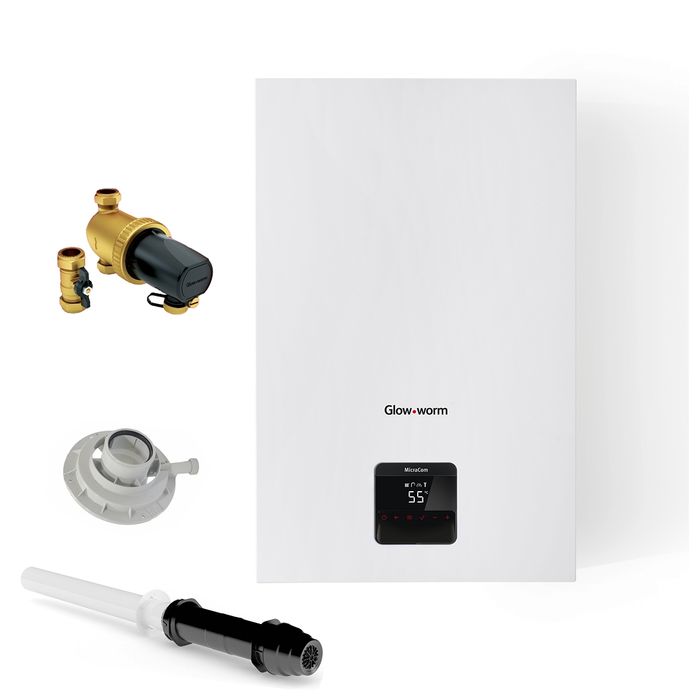 Glow-Worm Micracom 24kW Combi Boiler Pack With Vertical Flue And Power System Filter