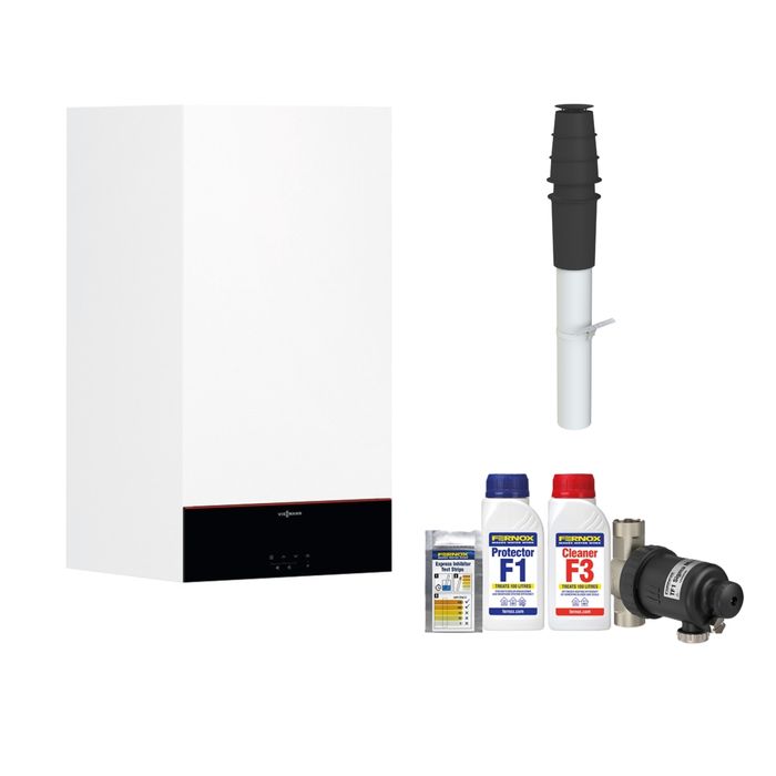 Viessmann Vitodens 100 W 35kW Combi Boiler Pack with Viessmann Vitodens Vertical Flue Termil Black 60 mm Or 100 mm and Fernox TF1 Sigma Mini Installer Pack