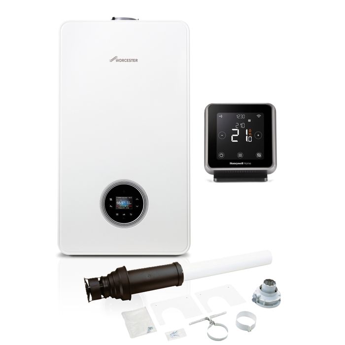 Worcester Bosch Greenstar 8000+ 45kW Combi Boiler Pack with Vertical Flue and Honeywell Home T6R Wireless Smart Thermostat with Hot Water Control