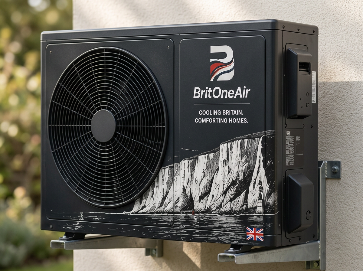 White Cliffs of Dover livery finish for a BritOne Air outdoor air conditioning unit