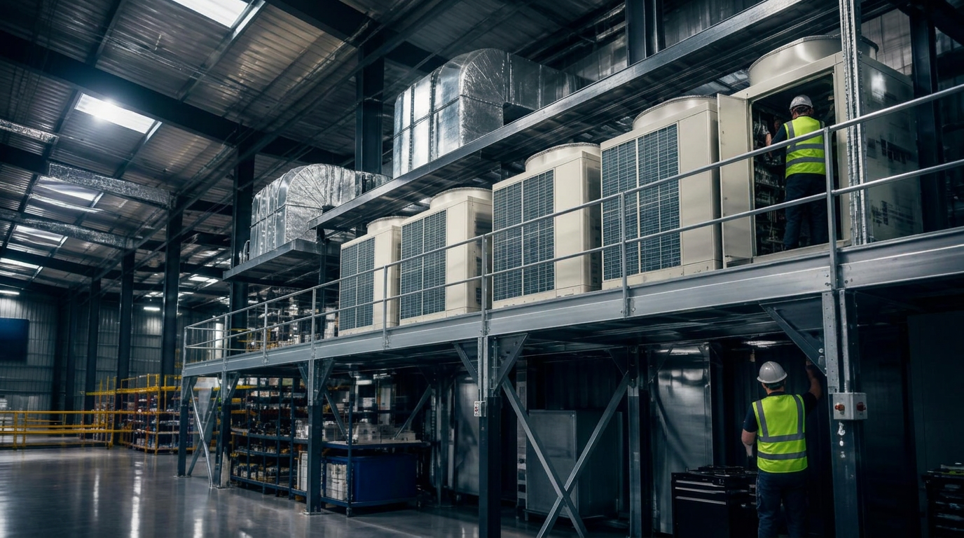 Industrial air conditioning condensers installed on a steel platform inside a UK warehouse